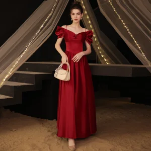 Elegant Burgundy Satin Prom Dresses 2021 A Line Princess Spaghetti Straps Ruffle Short Sleeve Backless Floor Length Long Prom Formal Dresses