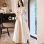 Fashion Champagne Satin Prom Dresses 2021 A-Line / Princess Ruffle Off-The-Shoulder Pearl Sash Short Sleeve Backless Floor-Length / Long Prom Formal Dresses