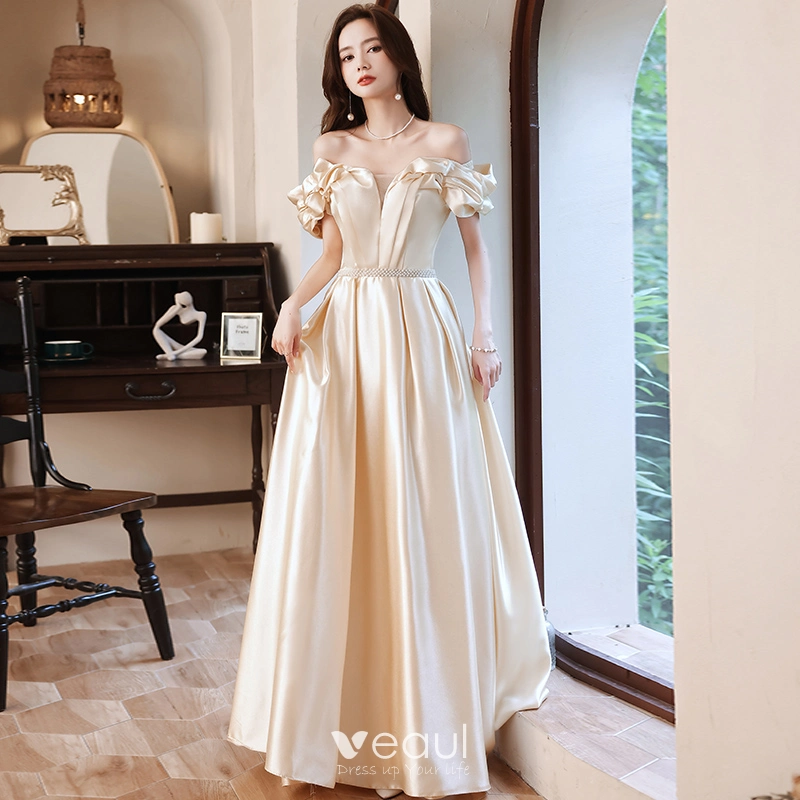 Fashion Champagne Satin Prom Dresses 2021 A Line Princess Ruffle Off The Shoulder Pearl Sash Short Sleeve Backless Floor Length Long Prom Formal Dresses