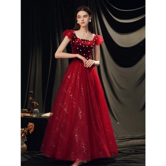 Charmant Daim Bordeaux Robe De Bal 2021 Princesse Encolure Carrée Perle Paillettes Dos Nu Longue Promo Robe De Ceremonie