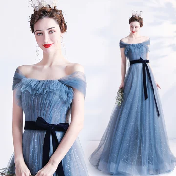 Chic Belle Bleu Glitter Robe De Bal 2021 Princesse De L Épaule Manches Courtes Dos Nu Noeud Longue Promo Robe De Ceremonie