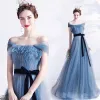 Chic / Beautiful Pool Blue Glitter Prom Dresses 2021 A-Line / Princess Off-The-Shoulder Short Sleeve Backless Bow Floor-Length / Long Prom Formal Dresses