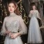 Elegant Grey Beading Evening Dresses  Prom Dresses 2021 A-Line / Princess High Neck Appliques Lace Flower Pearl 3/4 Sleeve Backless Floor-Length / Long Prom Formal Dresses