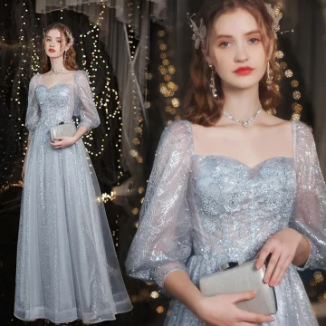 Glitter Zilveren Kralen Pailletten Rhinestone Avondjurken Galajurken 2021 A Lijn Vierkante Halslijn Kant Bloem 3 4 Mouwen Ruglooze Lange Avond Gala Gelegenheid Jurken