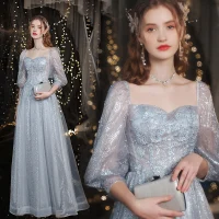 Brillante Plata Rebordear Lentejuelas Rhinestone Vestidos de noche Vestidos de gala 2021 A-Line / Princess Escote Cuadrado Con Encaje Flor 3/4 Ærmer Sin Espalda Largos Noche Gala Vestidos Formales