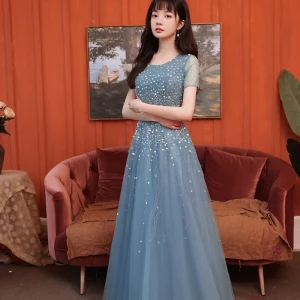 Scintillantes Océan Bleu Robe De Bal 2021 Princesse Encolure Dégagée Étoile Paillettes Faux Diamant Manches Courtes Longue Promo Robe De Ceremonie