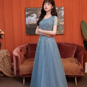 Sparkly Ocean Blue Prom Dresses 2021 A Line Princess Scoop Neck Star Sequins Rhinestone Short Sleeve Floor Length Long Prom Formal Dresses