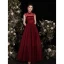 Chic / Beautiful Burgundy Satin Prom Dresses 2021 A-Line / Princess Spaghetti Straps Sleeveless Backless Bow Floor-Length / Long Prom Formal Dresses