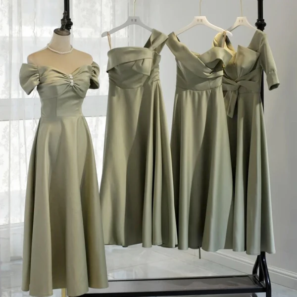 Simple Vert Cendré Satin Robe Demoiselle D'honneur 2021 Princesse Dos Nu Thé Longueur Robe Pour Mariage