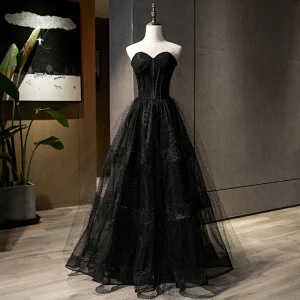 Chic Beautiful Black Evening Dresses 2021 A Line Princess Sweetheart Sleeveless Backless Floor Length Long Evening Party Formal Dresses