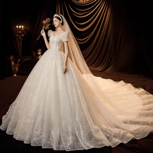 Charming Ivory Glitter Wedding Dresses 2021 Ball Gown Square Neckline Beading Sequins Charming Ivory Glitter Wedding Dresses 2021 Ball Gown Square Neckline Beading Sequins