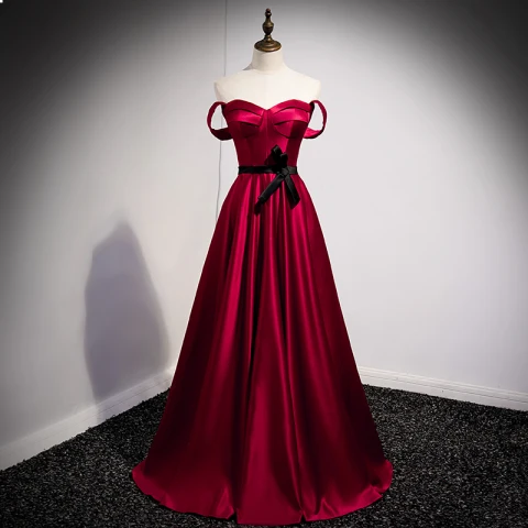 Vintage / Retro Burgundy Satin Prom Dresses 2021 A-Line / Princess Strapless Bow Sleeveless Backless Floor-Length / Long Prom Formal Dresses