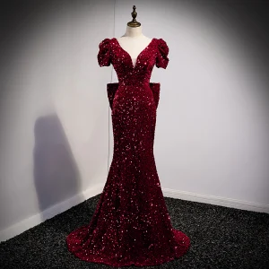Glitter Bordeaux Pailletten Avondjurken 2021 Trompet Zeemeermin V Hals Korte Mouwen Ruglooze Strik Lange Avond Gelegenheid Jurken