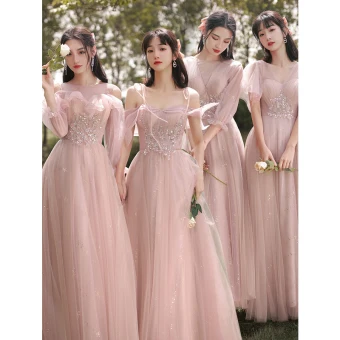 Chic Belle Rougissant Rose Robe Demoiselle D Honneur 2021 Princesse Encolure Dégagée Perlage Faux Diamant Paillettes Manches Courtes Dos Nu Longue Demoiselle D Honneur Robe Pour Mariage