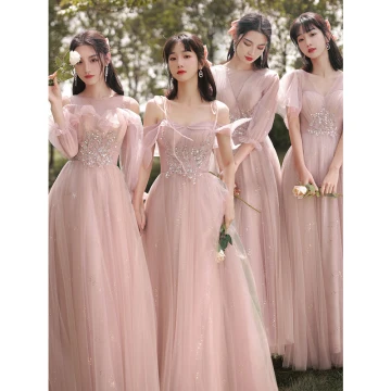 Chic Belle Rougissant Rose Robe Demoiselle D Honneur 2021 Princesse Encolure Dégagée Perlage Faux Diamant Paillettes Manches Courtes Dos Nu Longue Demoiselle D Honneur Robe Pour Mariage