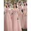 Chic / Beautiful Blushing Pink Bridesmaid Dresses 2021 A-Line / Princess Scoop Neck Beading Rhinestone Sequins Short Sleeve Backless Floor-Length / Long Bridesmaid Wedding Party Dresses