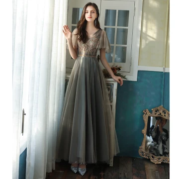 Chic Belle Gris Robe Demoiselle D Honneur 2021 Princesse Manches Courtes Dos Nu Perlage Perle En Dentelle Fleur Paillettes Longue Demoiselle D Honneur Robe Pour Mariage