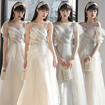 Chic Belle Blanche Robe Demoiselle D Honneur 2021 Princesse Encolure Carrée Perle Manches Courtes Thé Longueur Demoiselle D Honneur Robe Pour Mariage