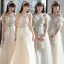 Chic / Beautiful White Bridesmaid Dresses 2021 A-Line / Princess Square Neckline Pearl Short Sleeve Tea-length Bridesmaid Wedding Party Dresses