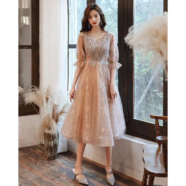 Charming Champagne Beading Sequins Homecoming Graduation Dresses Prom Dresses 2021 A-Line / Princess V-Neck Star Lace 1/2 Sleeves Floor-Length / Long Formal Dresses