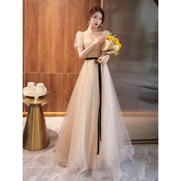 Charming Champagne Sequins Prom Dresses 2021 A Line Princess Square Neckline Bow Short Sleeve Backless Floor Length Long Prom Formal Dresses