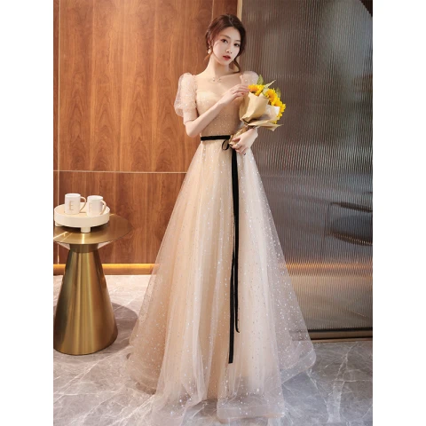 Charmant Champagne Paillettes Robe De Bal 2021 Princesse Encolure Carrée Noeud Manches Courtes Dos Nu Longue Promo Robe De Ceremonie