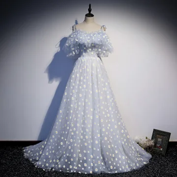 Fashion Sky Blue Flower Fairy Daisy Floral Prom Dresses 2021 A Line Princess Spaghetti Straps Short Sleeve Backless Sweep Train Prom Formal Dresses