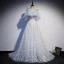 Fashion Sky Blue Flower Fairy Daisy Floral Prom Dresses 2021 A-Line / Princess Spaghetti Straps Short Sleeve Backless Sweep Train Prom Formal Dresses