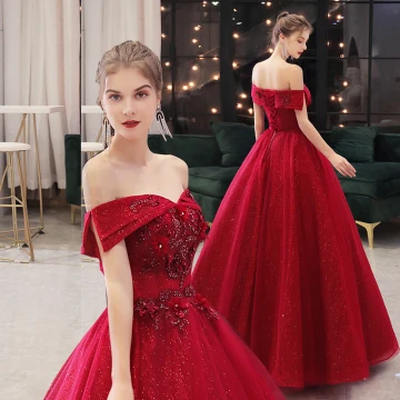 Chic Belle Bordeaux Faux Diamant Paillettes Robe De Bal 2021 Robe Boule De L 039 Épaule Appliques Manches Courtes Dos Nu Longue Promo Robe De Ceremonie