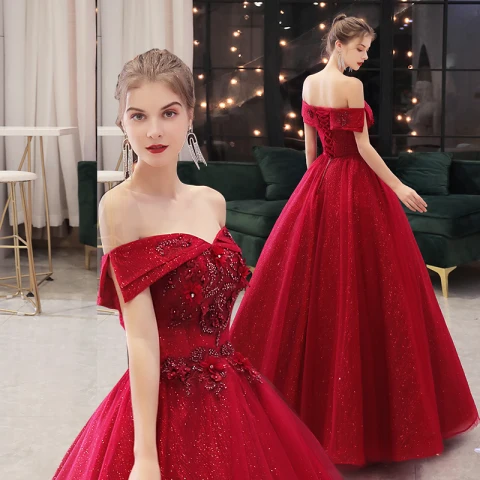 Chic / Beautiful Burgundy Rhinestone Sequins Prom Dresses 2021 Ball Gown Off-The-Shoulder Appliques Short Sleeve Backless Floor-Length / Long Prom Formal Dresses