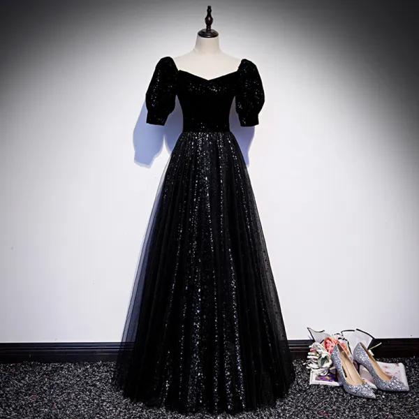 Bling Bling Starry Sky Black Star Sequins Prom Dresses 2021 A-Line / Princess Square Neckline Short Sleeve Backless Floor-Length / Long Prom Formal Dresses