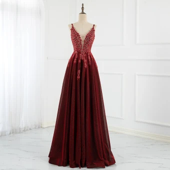 Scintillantes Charmant Bordeaux Robe De Bal Robe De Soirée 2021 Princesse Bretelles Spaghetti Perlage Paillettes Sans Manches Dos Nu Longue Promo Robe De Ceremonie