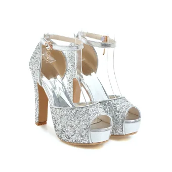 Sexy Argenté Soirée Paillettes Sandales Femme 2021 Bride Cheville 12 Cm Talons Épais Peep Toes Bout Ouvert Sandales Talons Hauts