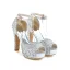 Sexy Silber Abend Pailletten Sandalen Damen 2021 Knöchelriemen 12 cm Thick Heels Peeptoes Sandaletten Hochhackige