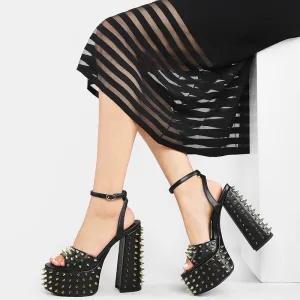 Inhabituel Noire Rivet Club De Carnaval Sandales Femme 2021 Bride Cheville 15 Cm Talons Épais Imperméables Peep Toes Bout Ouvert Sandales Talons Hauts