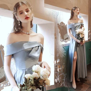 Classy Grey Silver Split Front Satin Prom Dresses 2021 A Line Princess Off The Shoulder Short Sleeve Backless Floor Length Long Prom Formal Dresses