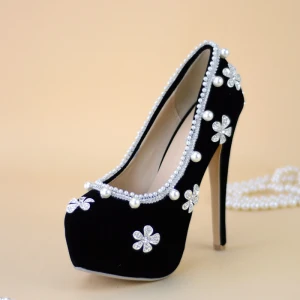 Charmig Svarta Pärla Rhinestone Brudskor 2021 14 Cm Stilettklackar Pande Zote Toe Bröllop Pumps Högklackade