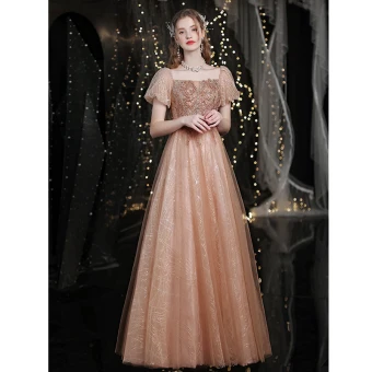 Charmant Scintillantes Doré Robe De Bal 2021 Princesse Encolure Carrée Perlage Paillettes Manches Courtes Dos Nu Longue Promo Robe De Ceremonie