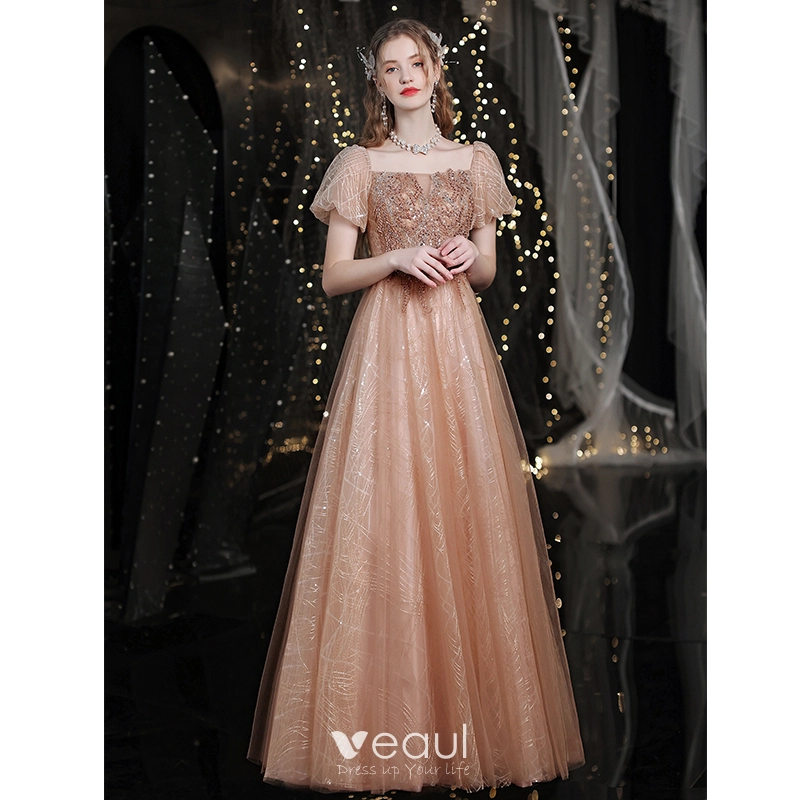Charming Sparkly Gold Prom Dresses 2021 A-Line / Princess Square Neckline  Beading Sequins Short Sleeve Backless Floor-Length / Long Prom Formal  Dresses