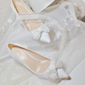 Charming Ivory Wedding Shoes 2021 Leather Pearl Rhinestone Bow 10 Cm Stiletto Heels Pointed Toe Wedding Pumps High Heels