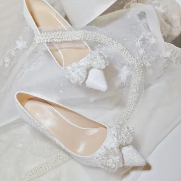 Charmig Elfenben Brudskor 2021 Läder Pärla Rhinestone Rosett 10 Cm Stilettklackar Spetsiga Bröllop Pumps Högklackade