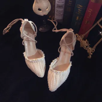 Elegant Beige Pearl Ruffle Wedding Shoes 2021 X Strap 7 Cm Stiletto Heels Pointed Toe Wedding High Heels