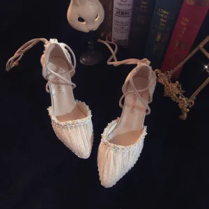 Elegantes Beige Perla Ruffle Zapatos De Novia 2021 X Correa 7 Cm Stilettos Tacones De Aguja Punta Estrecha Boda High Heels