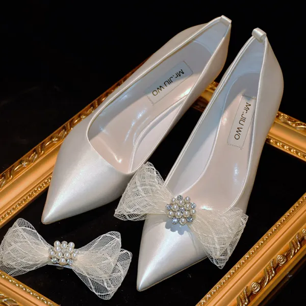 Elegant Ivory Pearl Bow Wedding Shoes 2021 Leather 8 cm Stiletto Heels Pointed Toe Wedding Pumps High Heels
