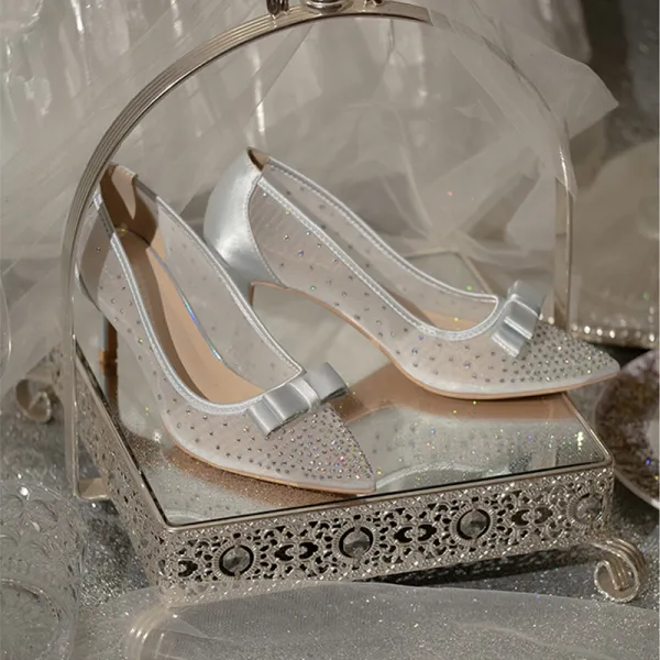 Elegant Ivory Bow Rhinestone Wedding Shoes 2021 6 cm Stiletto Heels Pointed Toe Wedding Pumps High Heels