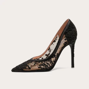Charmant Noire En Dentelle Fleur Chaussure De Mariée 2021 Cuir 10 Cm Talons Aiguilles À Bout Pointu Mariage Escarpins Talons Hauts