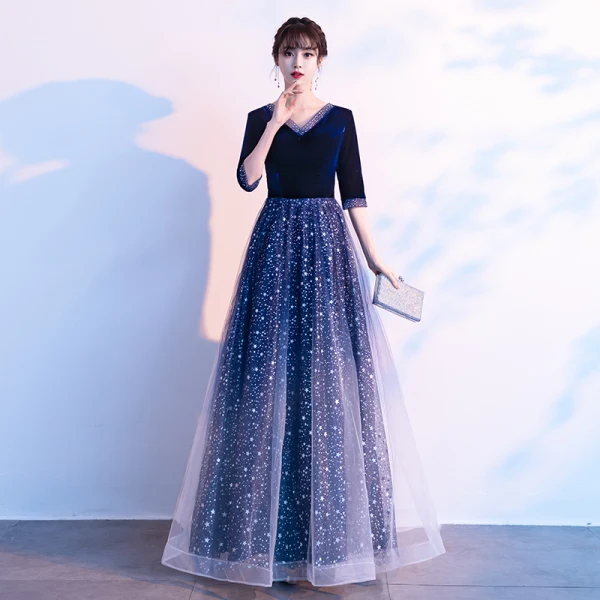 blue suede prom dress Dark Blue Velvet Prom Dress with Rhinestone Neckline & Organza Skirt – –  Viniodress main image 1
