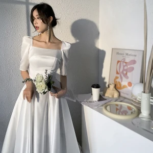 Modest Simple Ivory Satin Homecoming Graduation Dresses 2021 A Line Princess Square Neckline 1 2 Sleeves Tea Length Formal Dresses