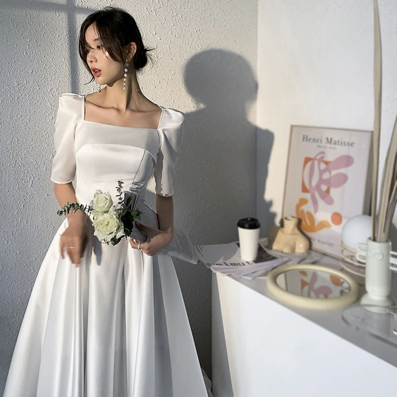 green emerald velvet dress Wedtrend Women White Graduation Dress A Line Square Neck Casual Dress with Lace, White / S main image 0