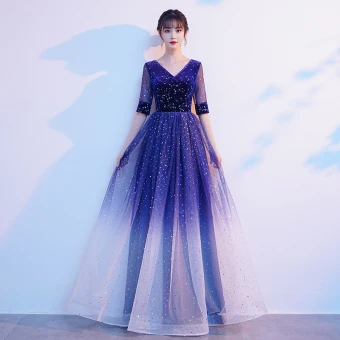 Scintillantes Bleu Roi Daim Étoile Paillettes Robe De Bal 2021 Princesse V Cou 1 2 Manches Longue Promo Robe De Ceremonie